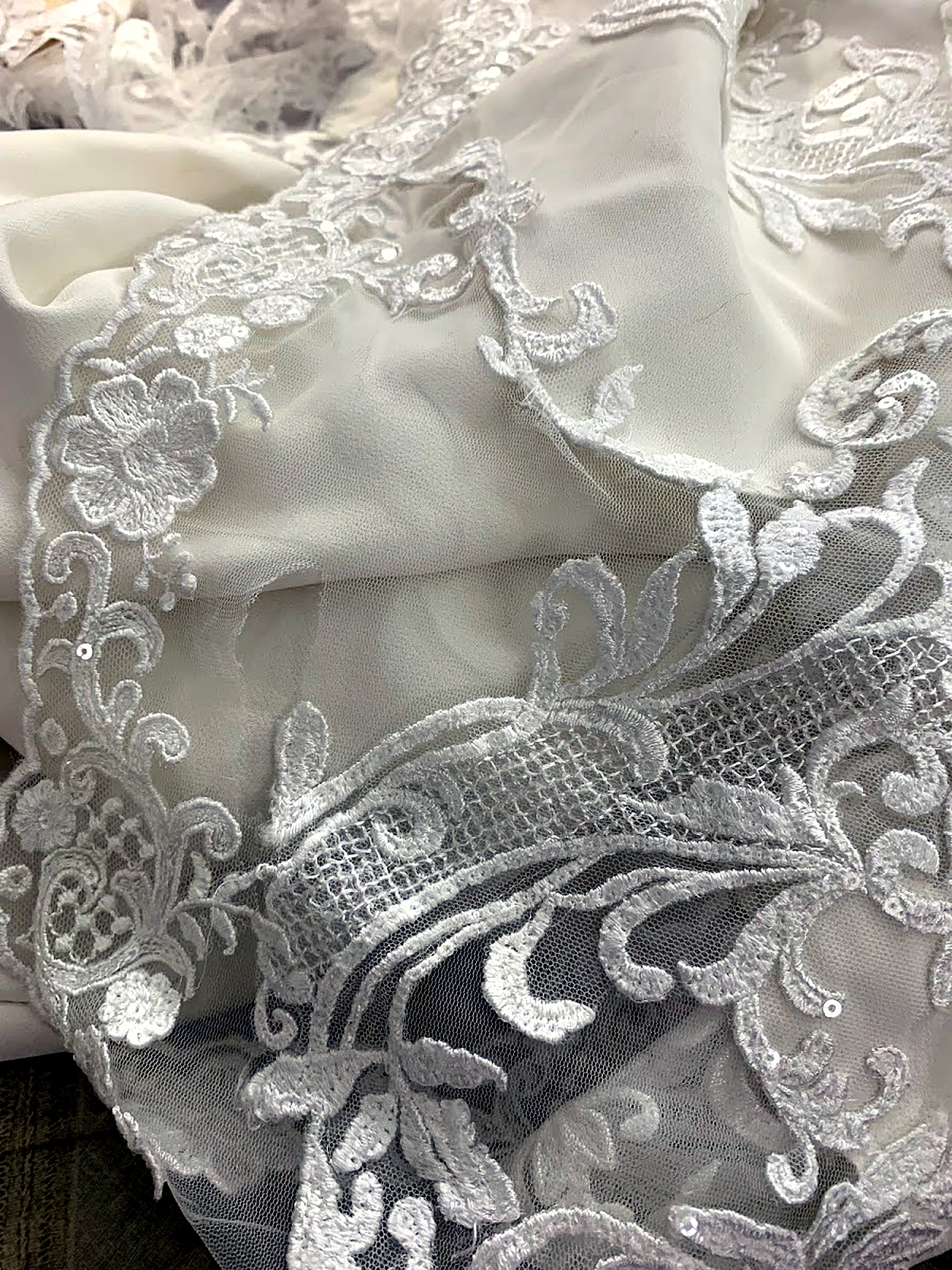 A close-up view of white lace fabric with intricate floral patterns and small sequins